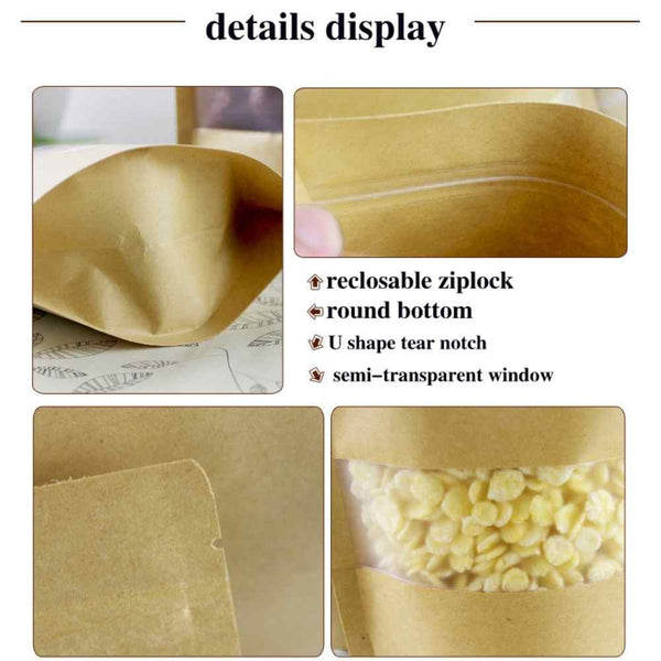 1/2 lb. Kraft Stand Up Bag Pouches - Ziplock and Tear Notch, Reusable, ReSealable Tear Tab - Lock Bags , - 6.75X9.25 inches